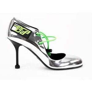 Silver High Heel with Neon Green Laces